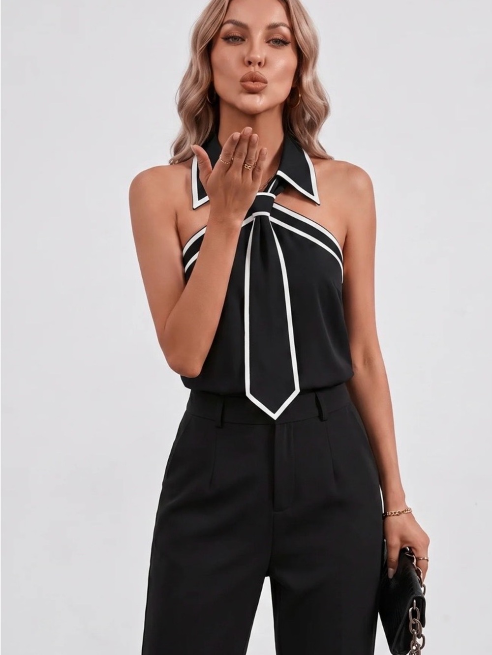 Commense Black Halter Tie Detail Top with White Piping - Picture 5 of 5